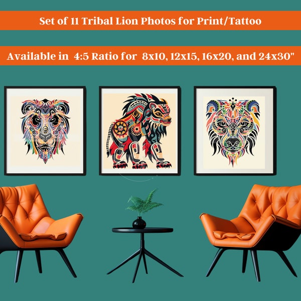 Warrior Cats 3 Piece Wall Art, Extra large wall art, Lion tattoo design, funky wall art, native american art, Tattoo Flash Art