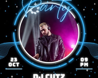 May include: A blue and white neon sign with the text "NIGHT Party" in white letters. The sign is in front of a DJ wearing a black leather jacket and headphones. The text "23 OCT" and "09 PM" are in white letters on a black background. The text "DJ CUTZ" and "ARROWAI CAFE" are in white letters on a black background. The text "123 ANYWHERE ST., ANY CITY" is in white letters on a black background. The text "MORE INFO: WWW.REALLYGREATSITE.COM" is in white letters on a black background.