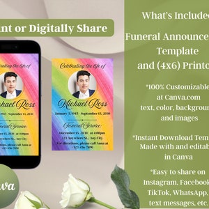 May include: A digital template for a funeral announcement with a rainbow background and a photo of a man. The template is customizable and can be printed in a 4x6 inch size. The text on the template includes the name "Michael Ross", dates of birth and death, and funeral service details.