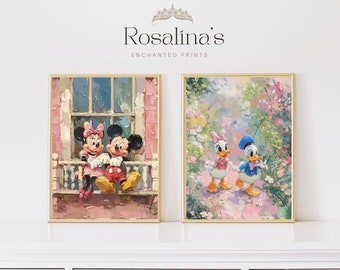 Printable Mickey and Friends Spring Oil Painting, Vintage Cottage Floral Landscape Art Print, Girl Nursery Bedroom Wall Art Digital Download