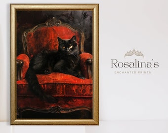 Printable Vintage Black Cat Oil Painting, Cat Lover Art Print, Gothic Autumn Art Digital Download