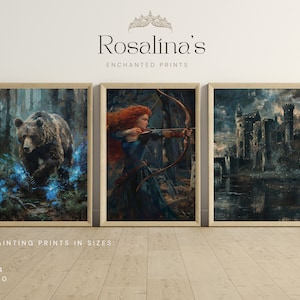 Afdrukbaar vintage Merida-olieverfschilderij set van 3 | Download kunst, verwarde sprookjeslandschapskunstprint, olieverfschilderij, digitale muurkunst