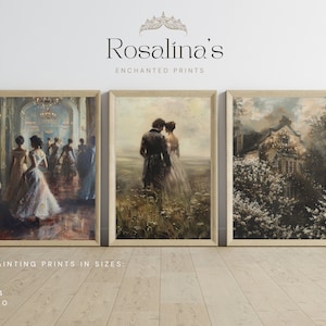 Puede incluir: Tres pinturas al óleo enmarcadas, cada una con una escena diferente. La primera pintura muestra un grupo de personas en un gran salón de baile, la segunda muestra una pareja de pie en un campo, y la tercera muestra una casa rodeada de flores.