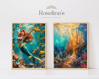 Printable Vintage Mermaid ARIEL Fairytale Landscape Art Print, Landscape  Oil Painting, Ocean, Castle Princess Wall Art Digital Download