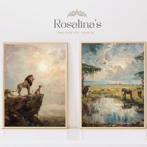 May include: Two framed prints of paintings depicting scenes from the Lion King movie. The first print shows Simba and Nala standing on a cliff overlooking a savanna. The second print shows a herd of zebras and a lone elephant walking through a savanna.