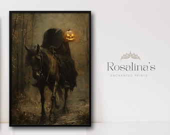 Printable Vintage HEADLESS HORSEMAN Oil Painting | Download Art, Gothic Halloween Autumn Landscape Art Print, Oil Painting, Wall Art Digital