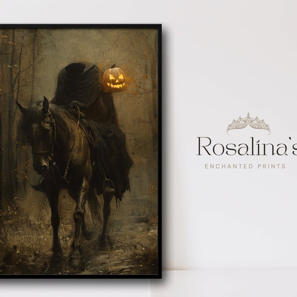 Pintura al óleo imprimible vintage de JINETE SIN CABEZA / Arte descargable, impresión artística de paisaje gótico de otoño de Halloween, pintura al óleo, arte mural digital