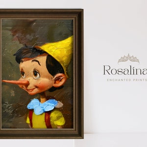 Peinture à l'huile vintage imprimable PINOCCHIO | Téléchargez des oeuvres d'art, impression d'art personnage, peinture à l'huile, oeuvre d'art murale pour enfants numérique, oeuvre d'art Disneyworld