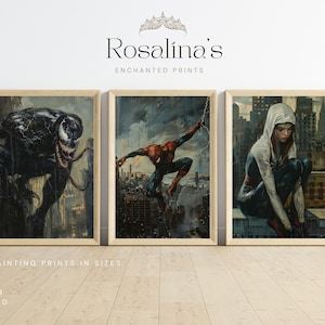 Printable Spider Man Venom Gwen Oil Painting Set of 3 | Comic Book Download Art, New York Landscape Art Print, Kid Wall Art Digital