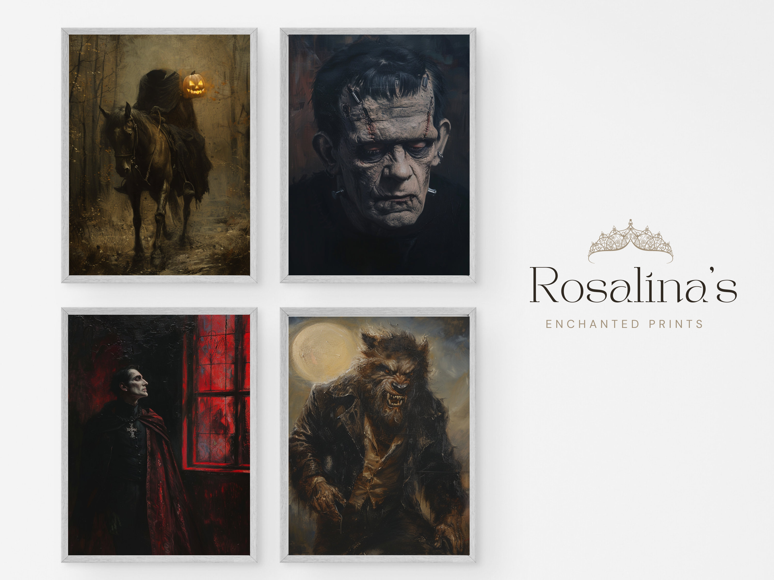 Printable Vintage UNIVERSAL MONSTERS Oil Painting Set of 4 | Download Art, Gothic Halloween Art Print, Oil Painting, Wall Art Digital
