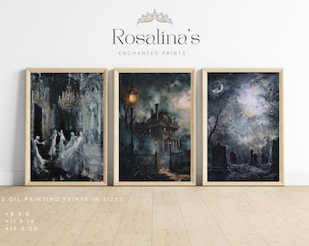 Printable Vintage HAUNTED MANSION Halloween Oil Painting | Ghost Download Art, Graveyard Landscape Art Print, Disneyworld Wall Art Digital
