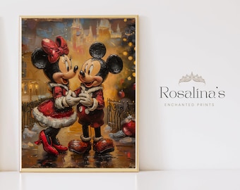 Printable Vintage Holiday Mickey and Minnie Mouse Oil Painting | Download Art, Christmas Landscape Art Print, Oil Painting, Wall Art Digital