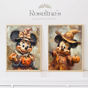 Printable Mickey and Minnie Autumn Halloween Oil Painting Set, Halloween Art Print, Neutral Halloween Wall Art Digital Download