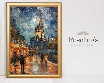 Printable Vintage DISNEYWORLD Halloween Oil Painting | Download Art, Castle Fairytale Landscape Art Print, Disneyworld Wall Art Digital