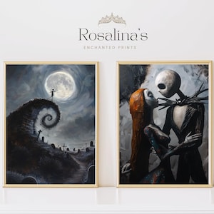 Könnte beinhalten: Zwei gerahmte Kunstdrucke mit Figuren aus dem Film "Nightmare Before Christmas". Der erste Druck zeigt Jack Skellington, der auf einem Hügel mit einer Spiralform steht. Der zweite Druck zeigt Jack Skellington und Sally, die sich umarmen.