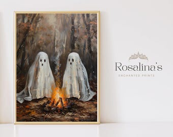 Cute Ghosts Campfire Art, Autumn Forest Art, Vintage Oil Painting, Cottagecore Artwork, Dark Academia Print, Halloween Wall Art