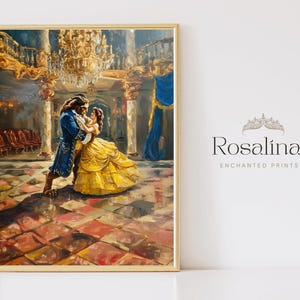 Printable Beauty and The Beast Vintage Fairytale Art Print, Oil Painting, Cottage Castle Princess Wall Art Digital Download