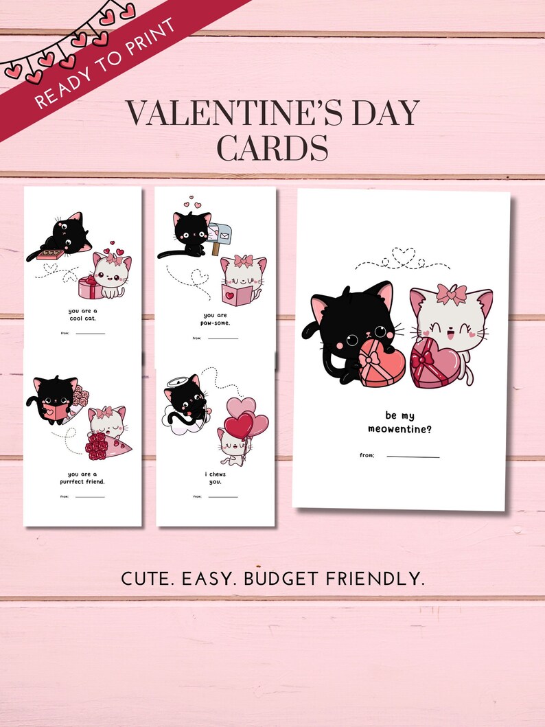 Printable Cat Valentine's Day Cards, Classroom Valentine's Day Cards