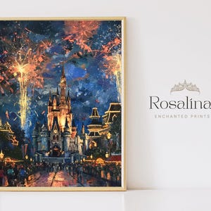 Pintura al óleo de fuegos artificiales de DISNEYWORLD vintage imprimible/arte para descargar, impresión artística de paisaje de cuento de hadas de castillo, arte de pared digital de Disneyworld