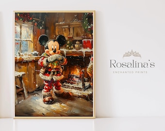Printable Vintage Holiday Mickey Mouse Oil Painting | Download Art, Christmas Landscape Art Print, Cabin Oil Painting, Wall Art Digital