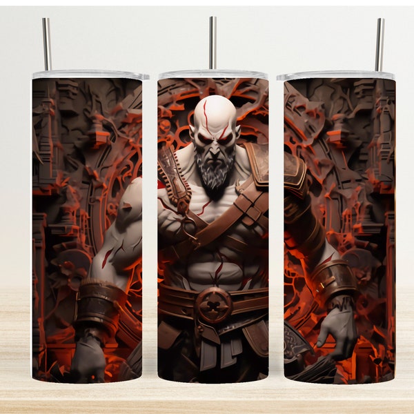 3D Kratos God of War Tumbler, Digital Print, Digital Instant Download PNG, Tumbler Wrapper, 3D Tumbler Design.