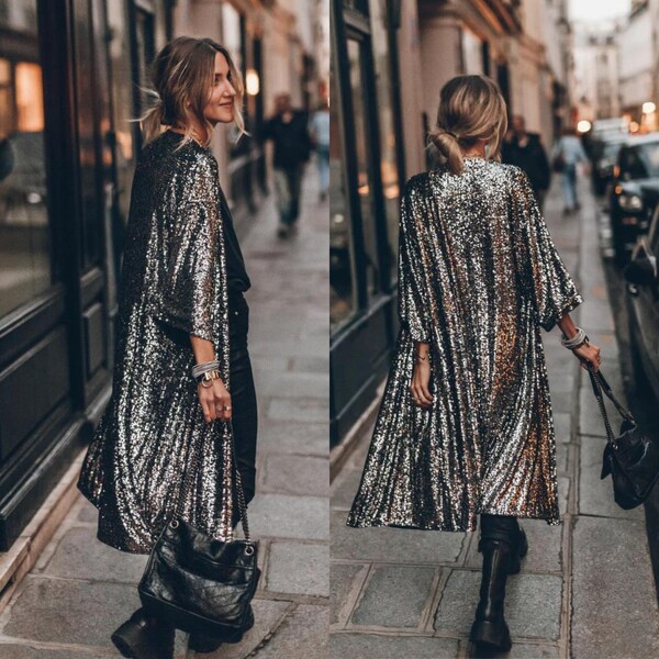 Apricot Sequin 3/4 Sleeve Open Front Duster Kimono