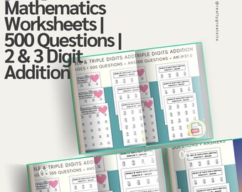 25 Page Printable First Grade Mathematics Worksheets For Kids Ages 5-8 | Double and Triple Digits Addition | 500 Questions + Answers