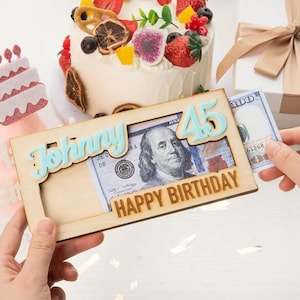 Birthday Money Holder with Custom Name + Age, Wooden Envelope for Cash/Dollar Bills, Celebration Money Bill Box, Birthday Keepsake