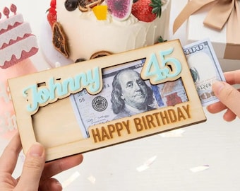 Birthday Money Holder with Custom Name + Age, Wooden Envelope for Cash/Dollar Bills, Celebration Money Bill Box, Birthday Keepsake