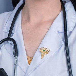 Medical Graduation Pin with Custom Name & Birthstone, 18K Gold Plated Caduceus Birthstone Pin, Medical Symbol Lapel Pin for Doctor/Nurse