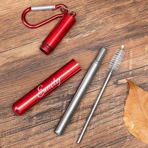 May include: A red metal travel straw kit with a silver straw, cleaning brush, and a red carrying case with a carabiner clip. The case is engraved with the name "Emily" in white script. The kit is shown on a wooden surface.