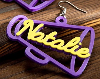 Custom Name Cheer Megaphone Earrings, 3D Printed Cheerleader Megaphone Earrings, Cheer Team Matching Game Day Jewelry, Cheerleader Gift