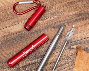 Reusable Drinking Straw with Custom Name, Collapsible Stainless Steel Straw with Cleaning Brush and Case, Metal Travel Straw Kit Keychain