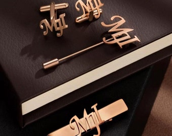 Personalized Lapel Pin, Cufflinks and Tie Bar for Men, Special Elegant Gift for Him, Engraved Tie Bar, Grooms Gift, Stainless Steel Set