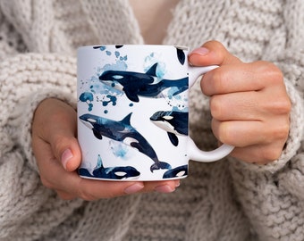 Taza de cerámica de 325 ml con estampado de orca estilo acuarela, taza de cerámica con estampado de orca, regalo ideal para amantes de las orcas, vaso de cerámica con diseño de orca/ballena