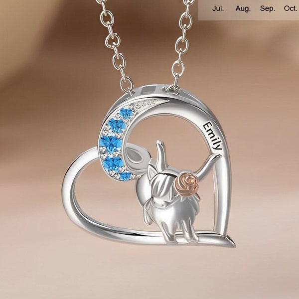 Nom personnalisé + collier coeur de vache Highland avec pierre de naissance en argent sterling 925, cadeau pour les amateurs de vaches/agriculteurs/marcheurs de campagne/amoureux des animaux