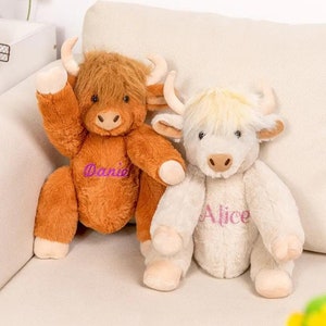Personalized Highland Cow Stuffed Animal, Cow Plushy with Glitter Printed Name, Cute Personalized Cow Toy for Kids, Highland Cow Lover Gift
