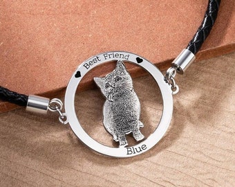 Aangepaste armband huisdier portret - gegraveerde roestvrijstalen huisdier gedenksieraden, gepersonaliseerd cadeau voor honden- en kattenbezitters