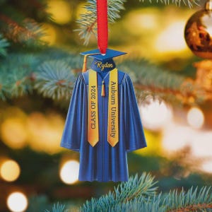 Aangepaste afstudeerjurk ornament met lint, klasse van 2025 vrijgezellenjurk decoratie, middelbare school college kerst aandenken voor afgestudeerde