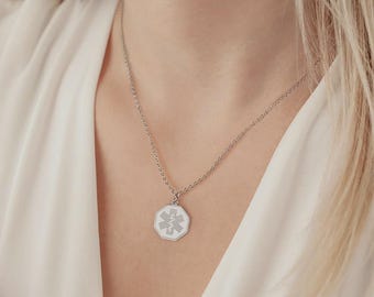 Custom Medical Alert Necklace, Engraved ID Tag Emergency Pendant, Allergy Diabetes Epilepsy Info Charm, Gift for Ederly Family Members