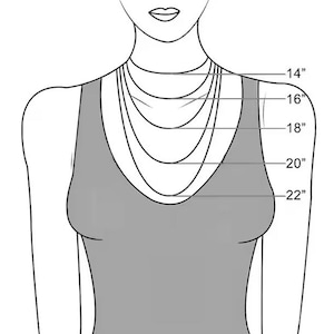May include: A diagram showing different necklace lengths on a model. The lengths are 14 inches, 16 inches, 18 inches, 20 inches, and 22 inches.