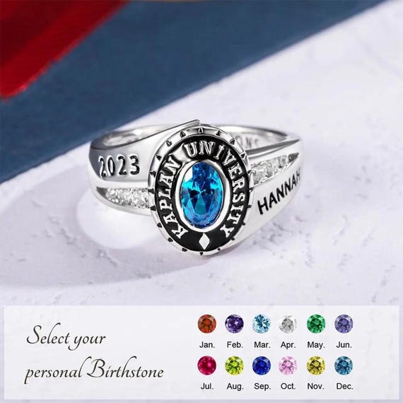 Graduation Signet Ring With Customized Engravings + Birthstone in