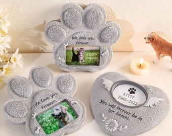 Pet Memorial Stone - Custom Paw Print Heart Grave Marker for Cat/Dog, Resin Simulation Tombstone, Unique Pet Loss Gift