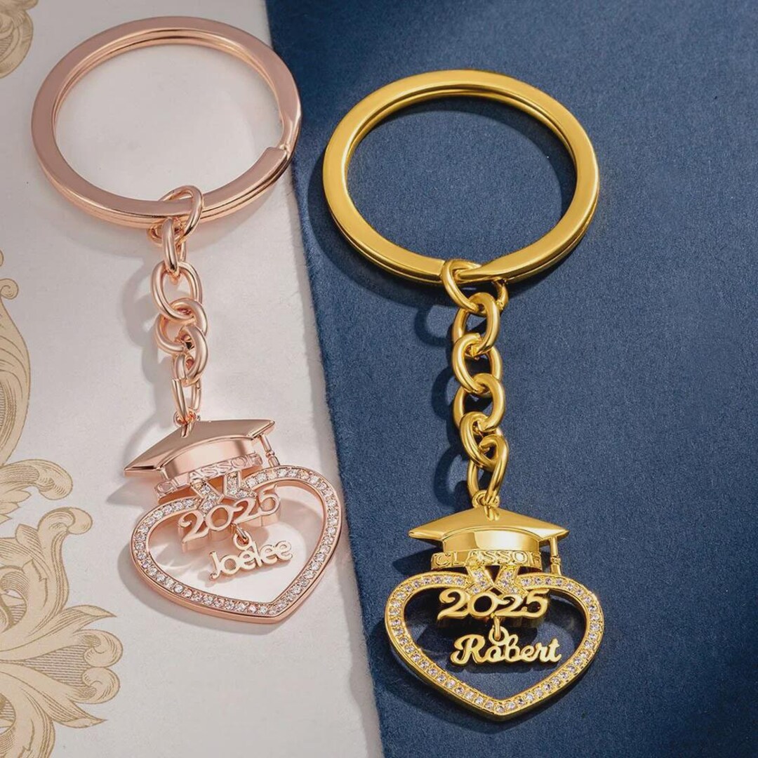 Custom Graduation Cap Keychain With Heart & Name, Class of 2025 Charm ...