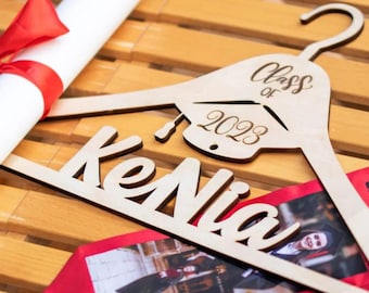 Custom Graduation Hanger for Class of 2024, Personalized Name & Year Wooden Gown Hanger + Stole Display, Perfect Gift for Graduates