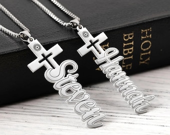 Personalized Cross Name Pendant Necklace - Custom Christian Baptism Jewelry Gift for Mom, First Communion or Christening Gift for Her