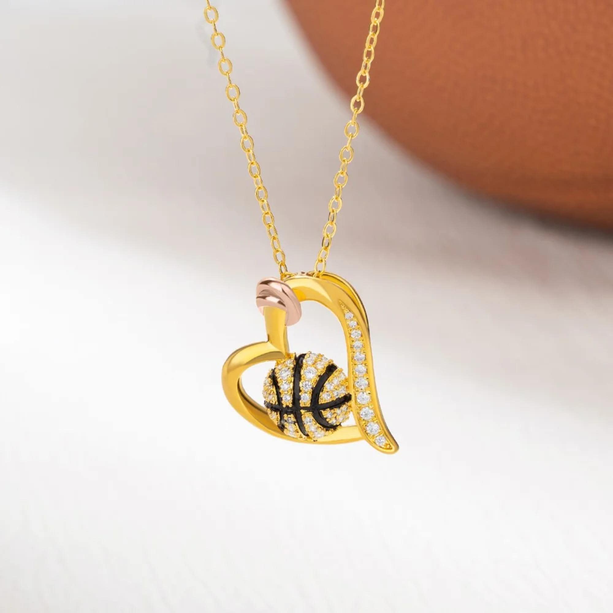 Custom Ball Sports Heart Necklace With Cubic Zirconia, Basketball