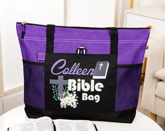 Personalized Name Bible Tote Bag with Cross and Flowers, Custom Mesh Bible Study Bag, Scripture Shopping Handbag, Christian Gift for Women