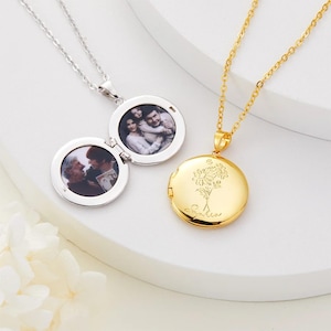 Custom Birth Flower Photo Locket Necklace, Engraved Name Memorial Jewelry, Mother&#39;s Day Gift for Mom/Grandma/Family, Floral Photo Locket