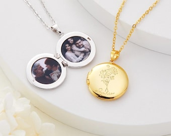 Custom Birth Flower Photo Locket Necklace, Engraved Name Memorial Jewelry, Mother's Day Gift for Mom/Grandma/Family, Floral Photo Locket